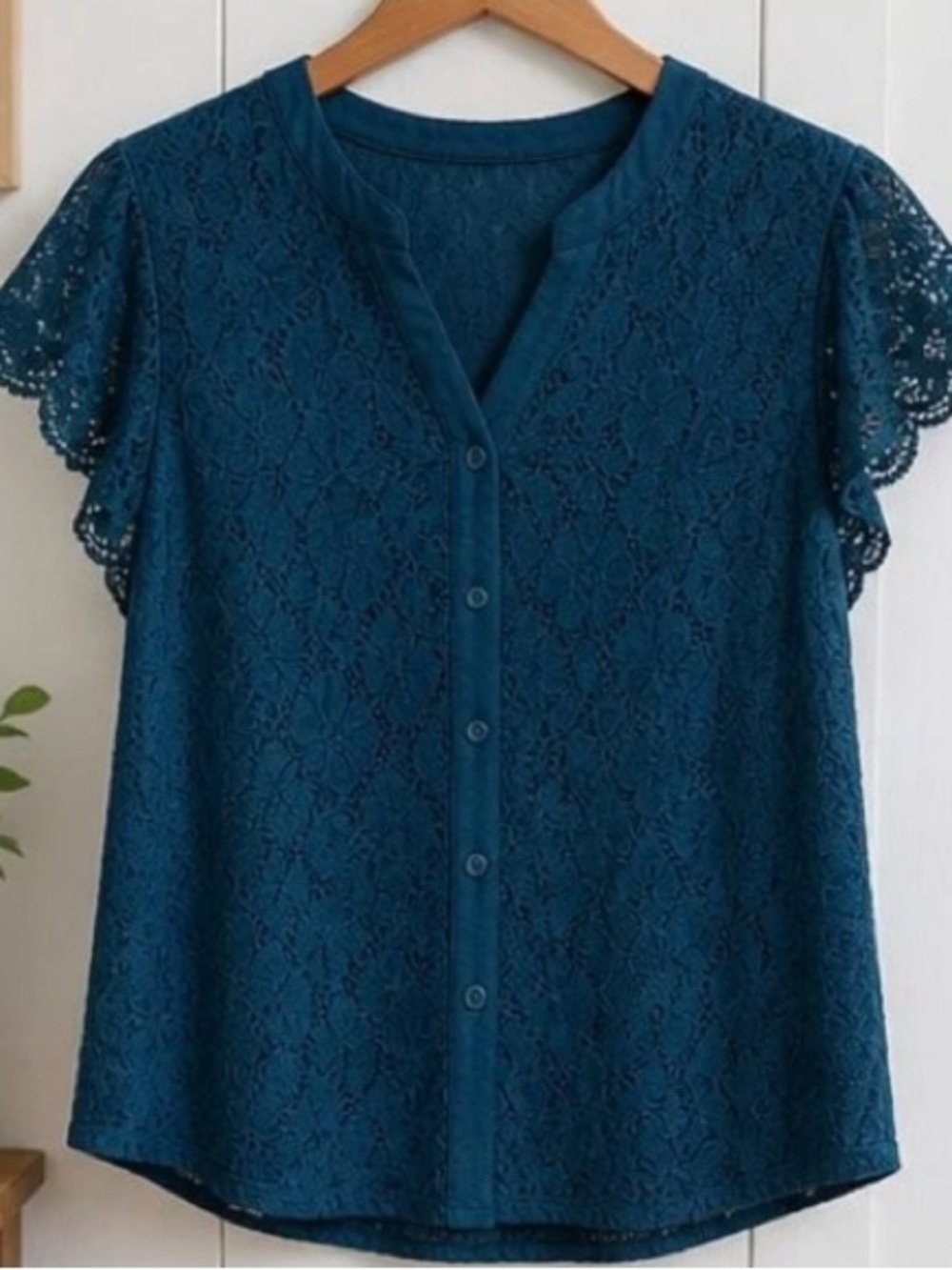 Lace-Detail Short Sleeve Blouse - Teal